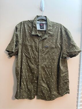 Wrangler Olive Green Short Sleeve Button-Down with White Print